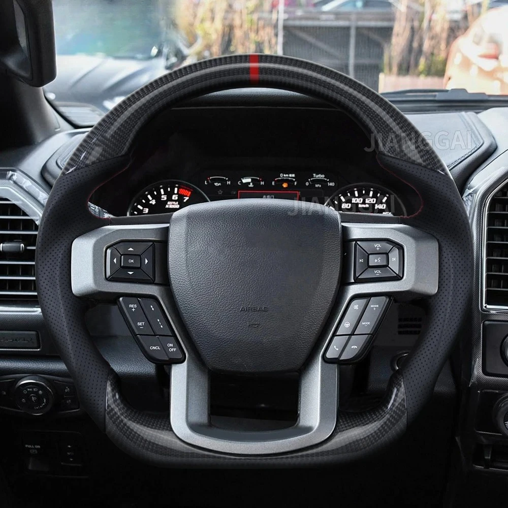 

Руль из настоящего карбона с перфорированной кожей и красной строчкой, без отверстий для подрулевых лепестков, для Ford Raptor F150 2015-2020, спортивный гоночный руль