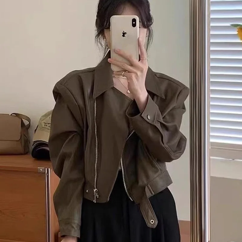 Femmes veste en cuir Vintage américain rue revers court noir PU Biker manteaux femme 2025 automne mode culture hauts manteaux