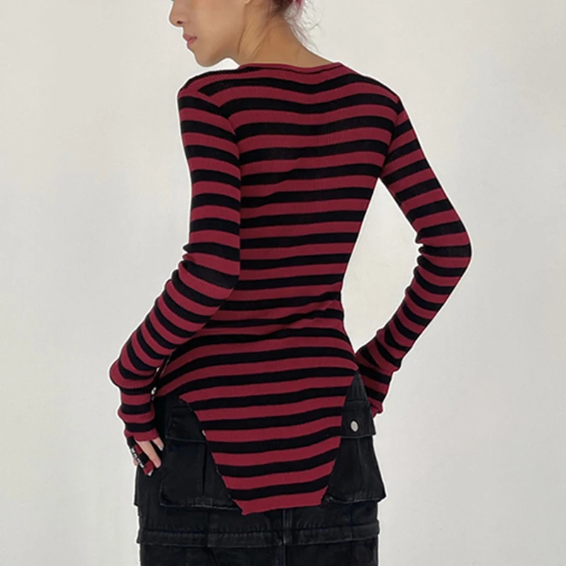 Spring Autumn Striped Irregular Slim Sweater Lady Punk Style Streetwear Y2K Pullover Top Women Long Sleeve Casual Fashion Jumper