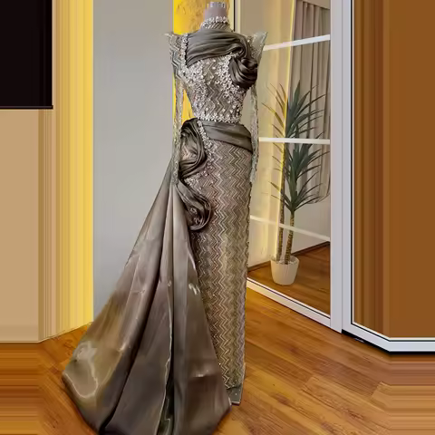 Arabic Dubai Brown Mermaid Evening Dress Muslim High Neck Long Sleeve Prom Dress Crystal Beaded Celebrity Dress Customized