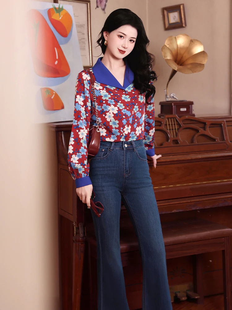 

Retro Hong Kong Style Patchwork Loose Long Sleeve Large Collar Floral Print Early Spring Brightness Women's Shirt Flower betw...
