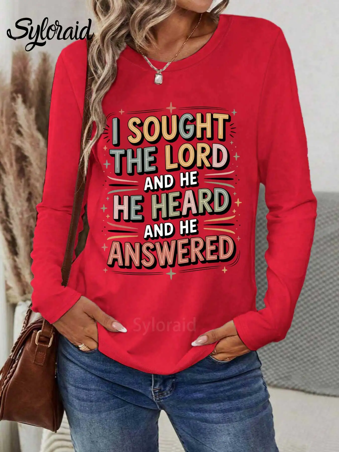 レディース長袖Tシャツ私は主を探し、彼はそれを聞いたTシャツクリスチャンシャツファッションラウンドネックカジュアルトップ