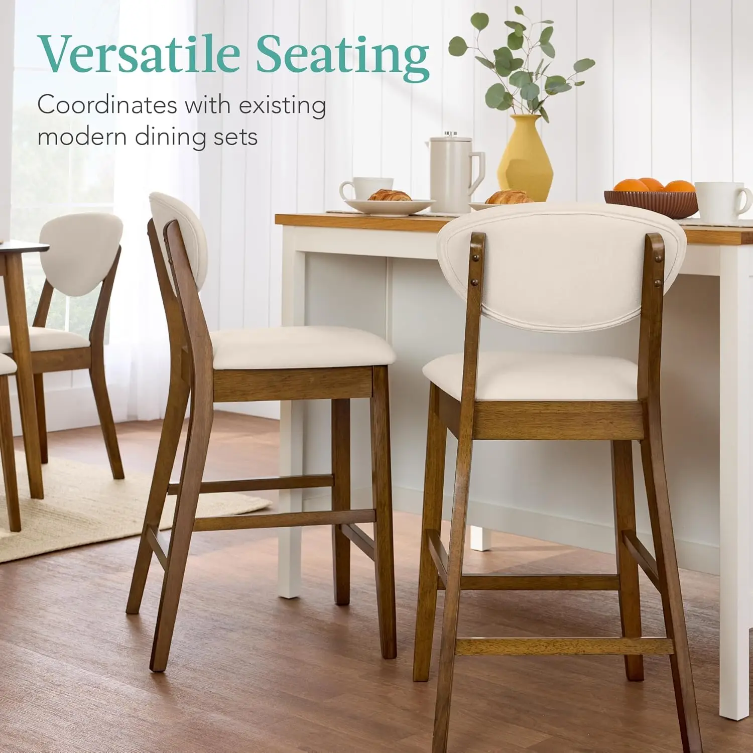 Set of 2 Counter-Height Bar Stools, Mid-Century Modern, Armless Wood Stools W/Upholstered Seat Cushion, Customized