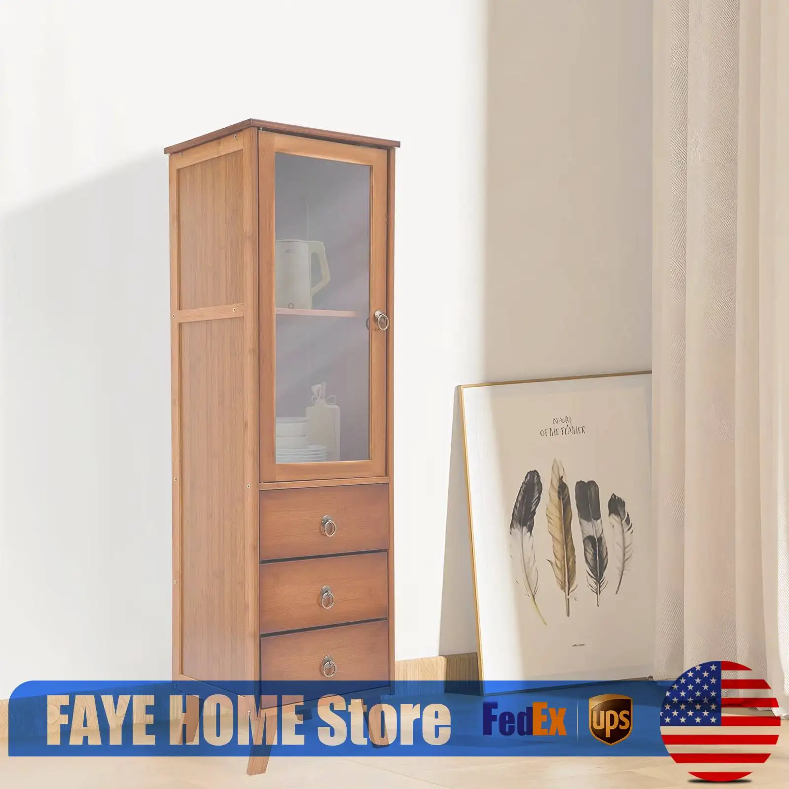 

Storage Cabinet, Modern Bamboo Buffets and Sideboards with Acrylic Door, 3-Drawer 2-Shelf for Home Storage