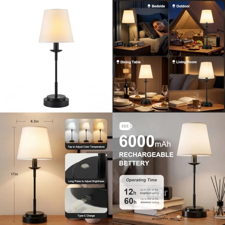 Table Lamps, Rechargeable Cordless Lamp with 6000mAh Battery Operated, 3 Colors Stepless Dimming LED Adjustable Wireless Lamp f