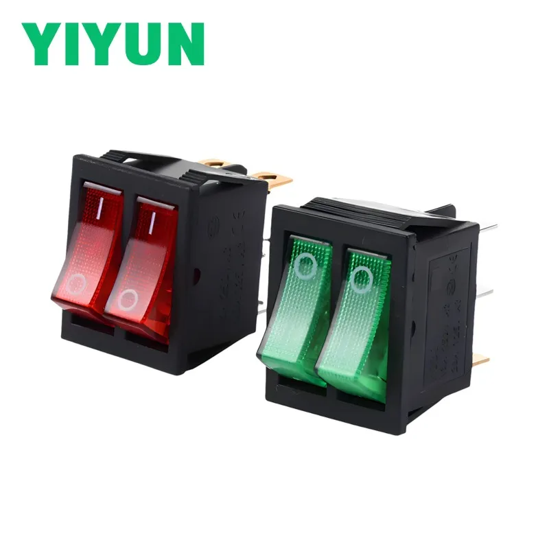 10PCS KCD3 Double Pole Rocker Switch for Electric Baking Pan 6-Pin 2-Position Power Switch 220V With LED Red Green