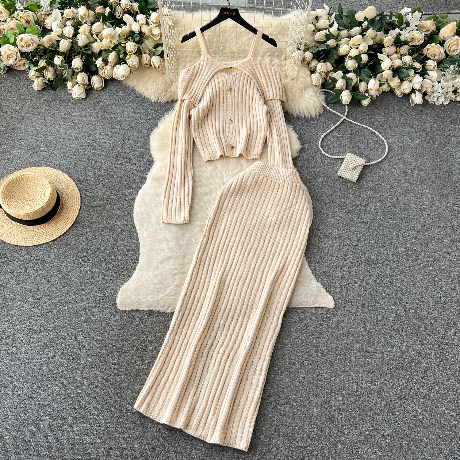 Vintage Two Piece Skirt Set One Shoulder Camisole Long Sleeved Knitted Slim Top+Elastic High Waist Tight Fitting Hip Long Skirt