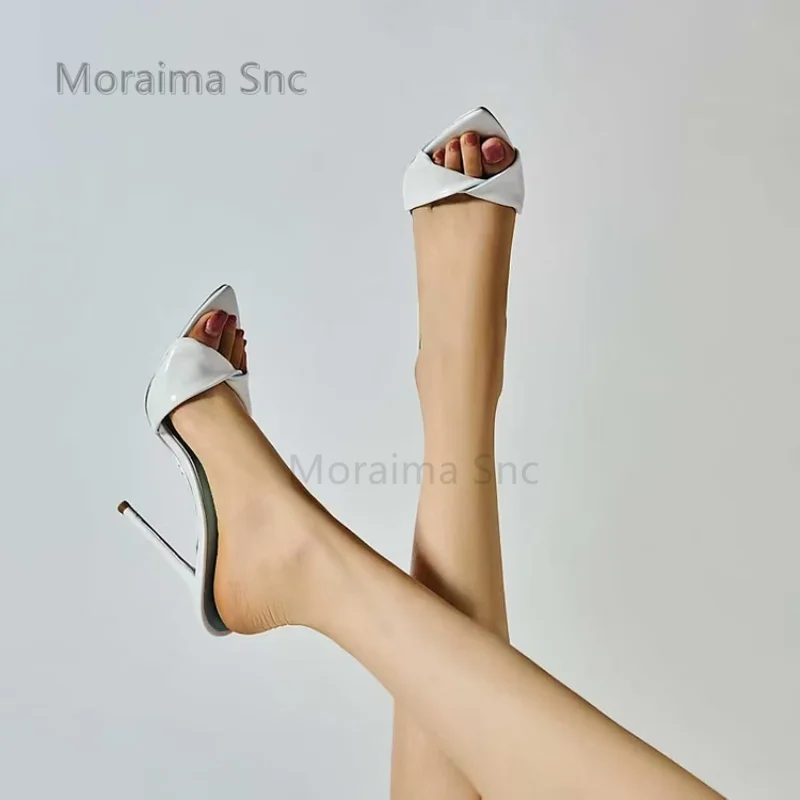 Women Black Patent Twisted Strap Slippers Open Toe Stiletto High Heel Slip On Backless Summer Outside Party Dress Shoes