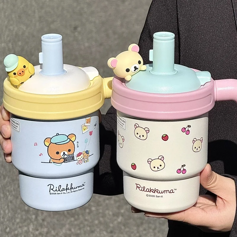 Kawaii Rilakkuma Insulated Water Bottle 620ml Ceramic Liner Straw Cup Large Capacity Travel Drinking Mug For Adults