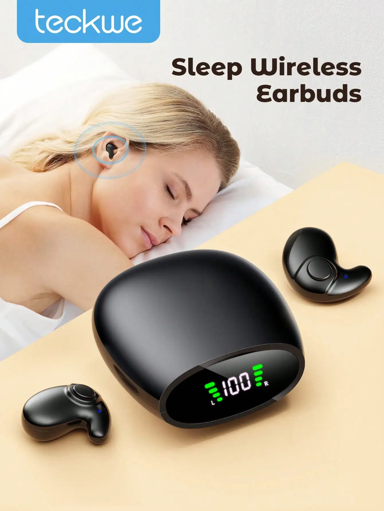 Teckwe Sleep Earbuds Ultra-Thin Wireless 5.3 Earbuds For Sleepers, Noise Blocking Sleep Headphones With Long Playtime, Ergonomic Mini Design Valentine's Day Gift