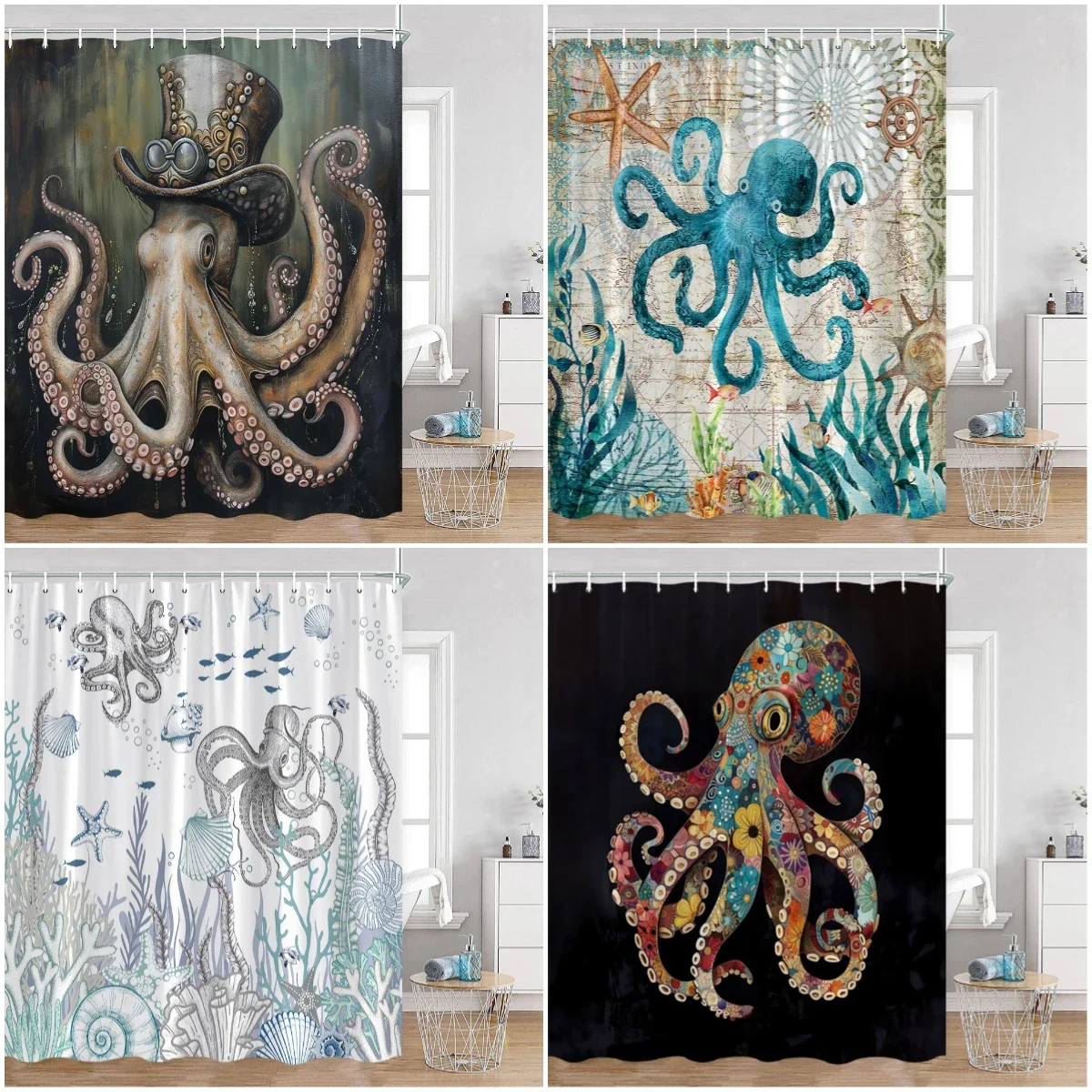 Octopus Shower Curtains Ocean Animals Funny Octupus Undersea World View Bathroom Curtain Nautical Bath Decorations with Hooks