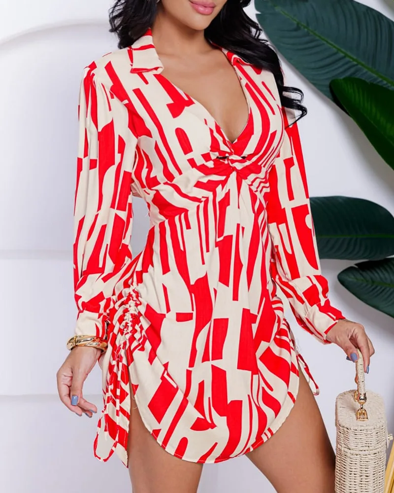 Summer Dress Women Sexy Print Side Drawstring Twisted Shirt Dresses Ladies Long Sleeve High Waist Summer V Neck Sexy Mini Dress