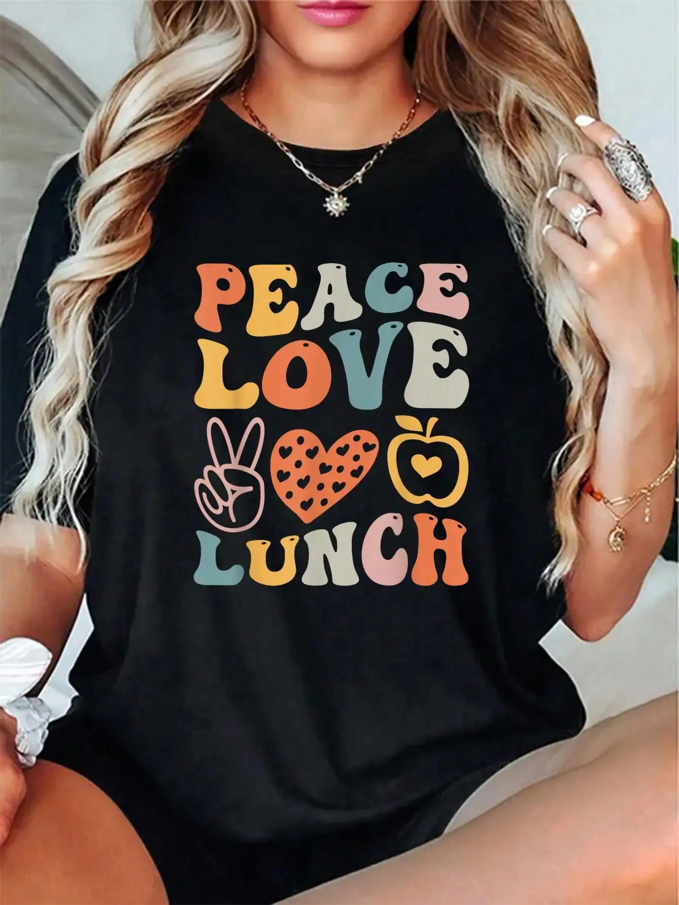 Peace Love Lunch Lady First Day Of School Retro Groovy T-Shirt - Graphic Tees Festival Outfits For Women, Tops For Summer, Top De Mujer Women Summer Clothes