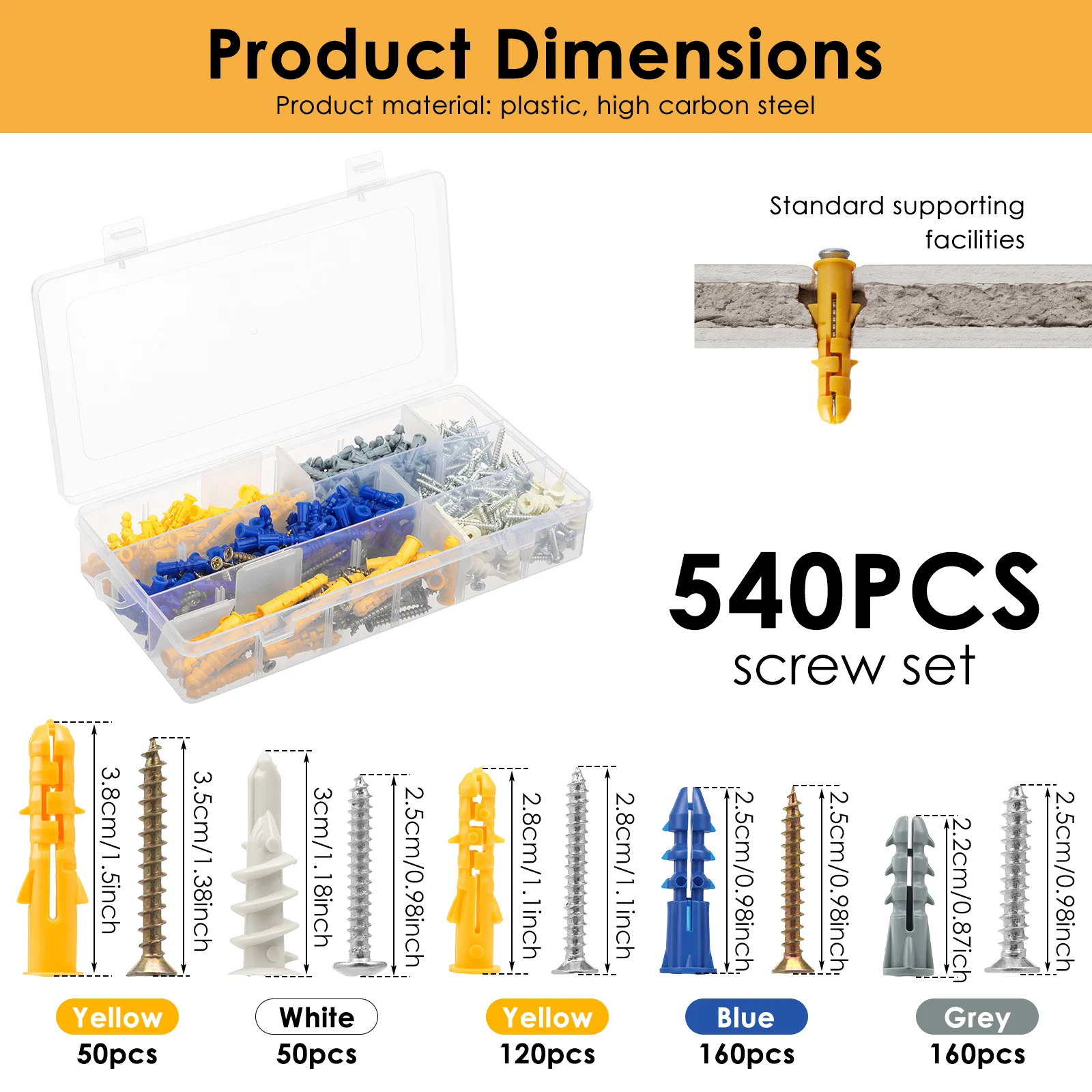 540PCS Drywall Anchors and Screws Assortment Kit Plastic Wall Anchors With Self Tapping Screws Set For Gypsum Board Wall Box