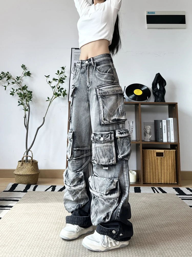 Techwear Vibe Style Women's Jeans Autumn Clothing Big Pocket Personality Punk Hip Hop Pants Wide Leg Trousers Pants