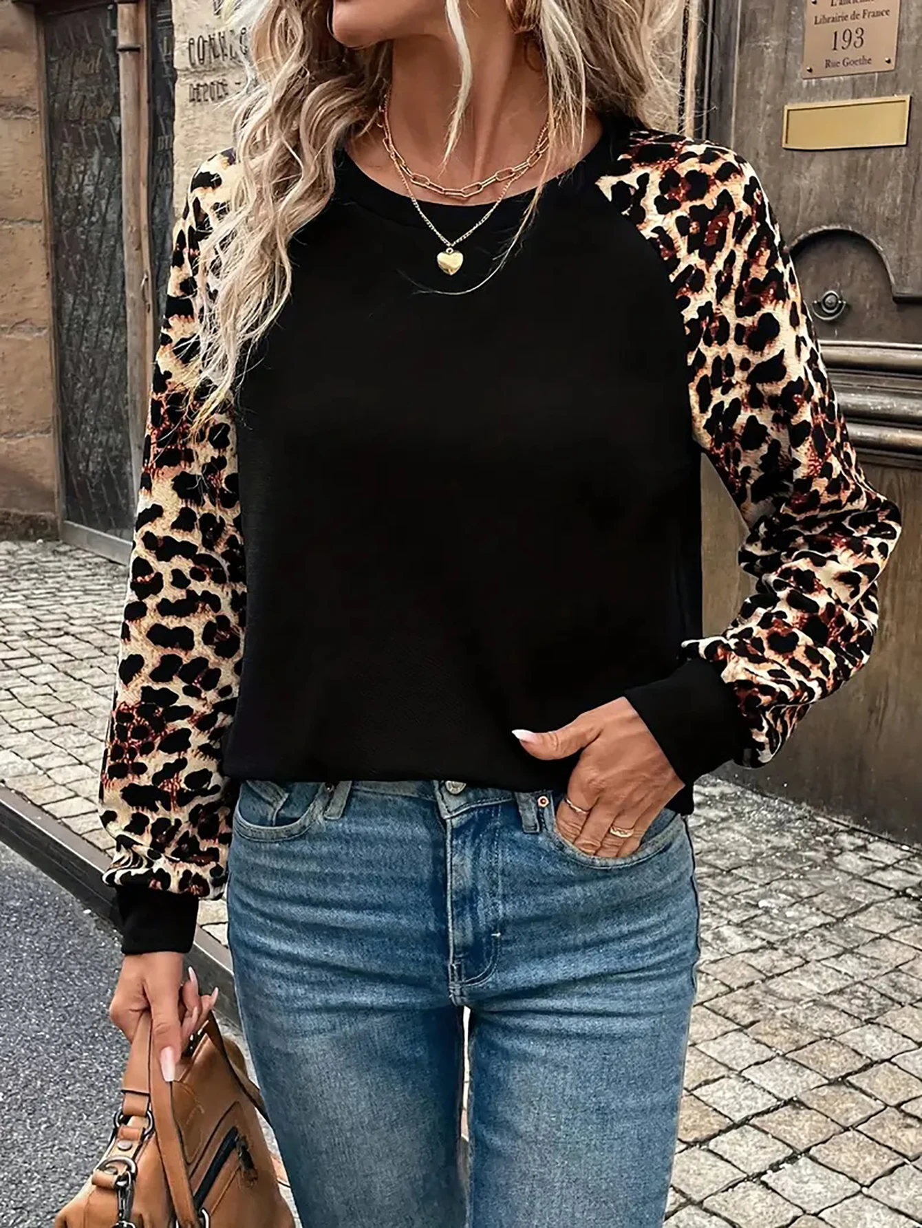 Aamikast Big Size Women Casual Pullover Leopard Loose T-shirt Sweatshirt jesień zima Tops Color Blocking Round Neck Long Sleeve