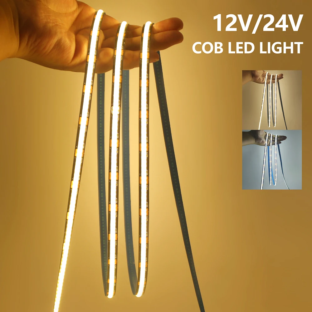 COB LED Strip Light 3000K 4000K 6000K Black PCB 12V 24V 320LED/m Flex Tape RA90 IP30 High Density Lighting for Kitchen Cabinets