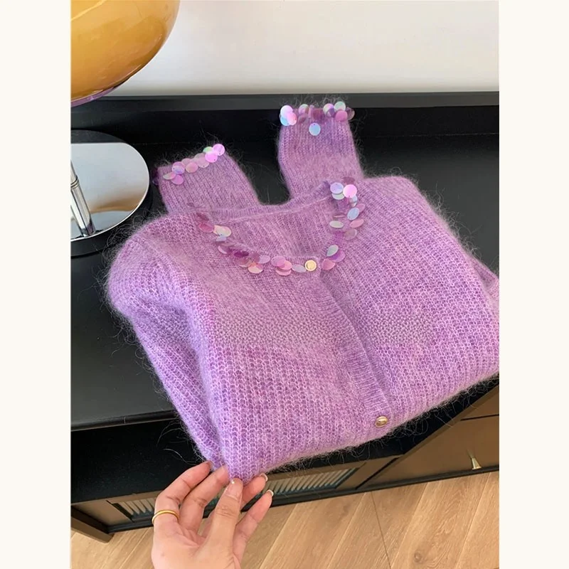 لينة الأرجواني الترتر سترة مفتوحة المرأة محبوك سترة الثقيلة التطريز لطيف Sle الخريف الشتاء جديد وصول ألياف البوليستر #1