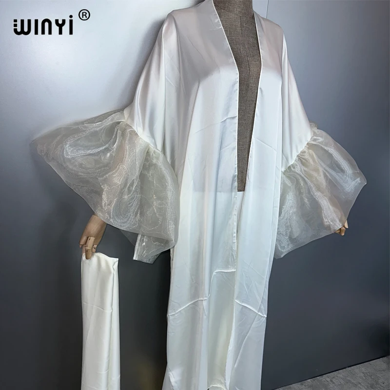WINYI Abito da festa estivo Kimono Abbigliamento da spiaggia Costume da bagno Cover up Africa donna maniche a sbuffo (ed) Cardigan monocromatico Caftano da vacanza