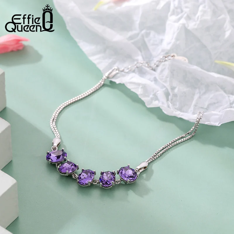 EFFIE QUEEN 925 Sterling Silver Box Chain Bracelet 5pcs Sparkling Crystal Blue & Purple & Pink Colors Selection Party Gift SWB06