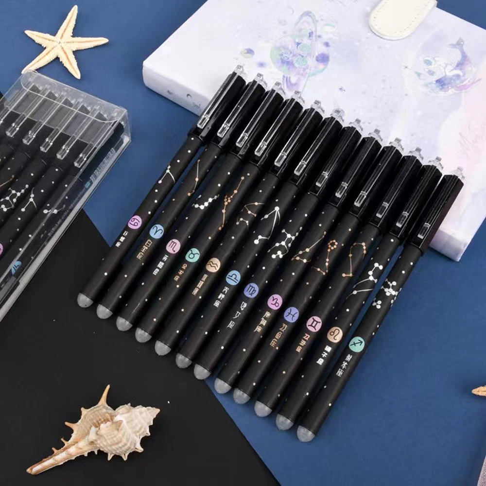 conjunto de canetas erasable constellation gel ferramentas de escrita do escritorio escolar caneta neutra kawaii papelaria tinta preta e azul 05 mm 12 pcs 01