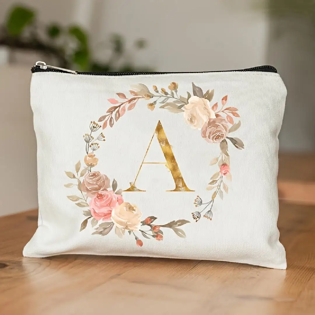 26개의 알파벳 글자를 담은 꽃무늬 미적 패턴 메이크업 가방, 신부 들러리, 교사 및 선물로 완벽합니다.
