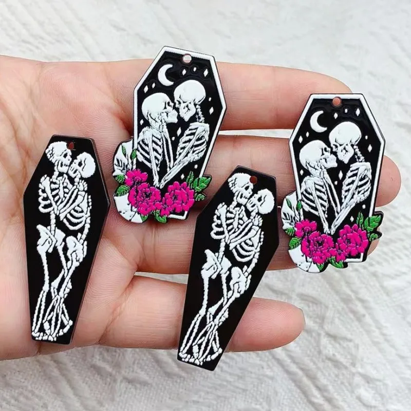 10Pcs Halloween Charms Creative Acrylic Skull coffin Pendant Jewelry Findings For Necklace Diy Making