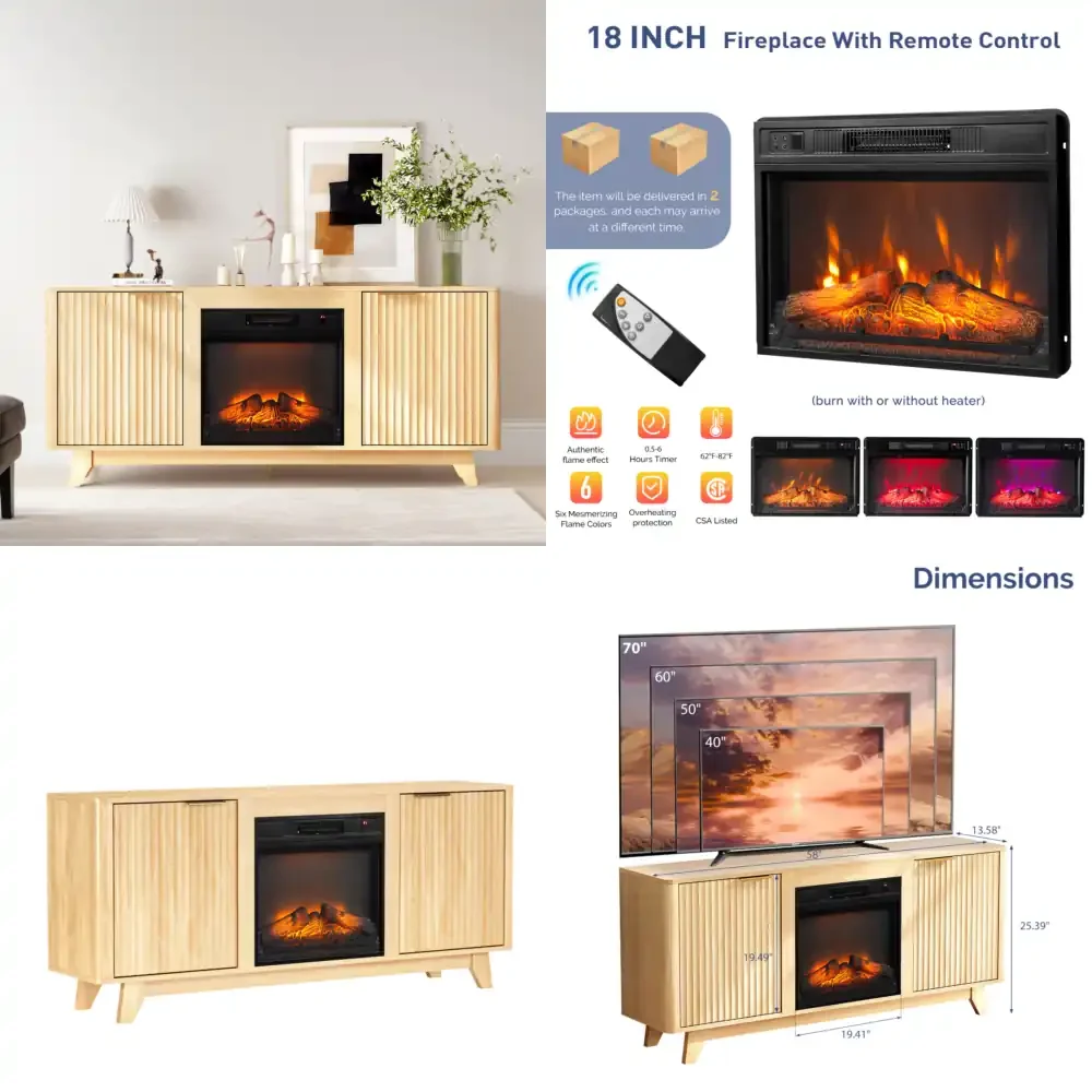 

Oak Fireplace TV Stand with 18 Inch Insert Double Grid Doors and Gold Handles Embossed Board Media Console 58 x 13.6 x 25.4