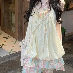 Ethnic Style Pink Green Floral Pleated Sling Loose Flower Bud Women 2024 Summer New Dopamine Patchwork Square Neck Slip Dress