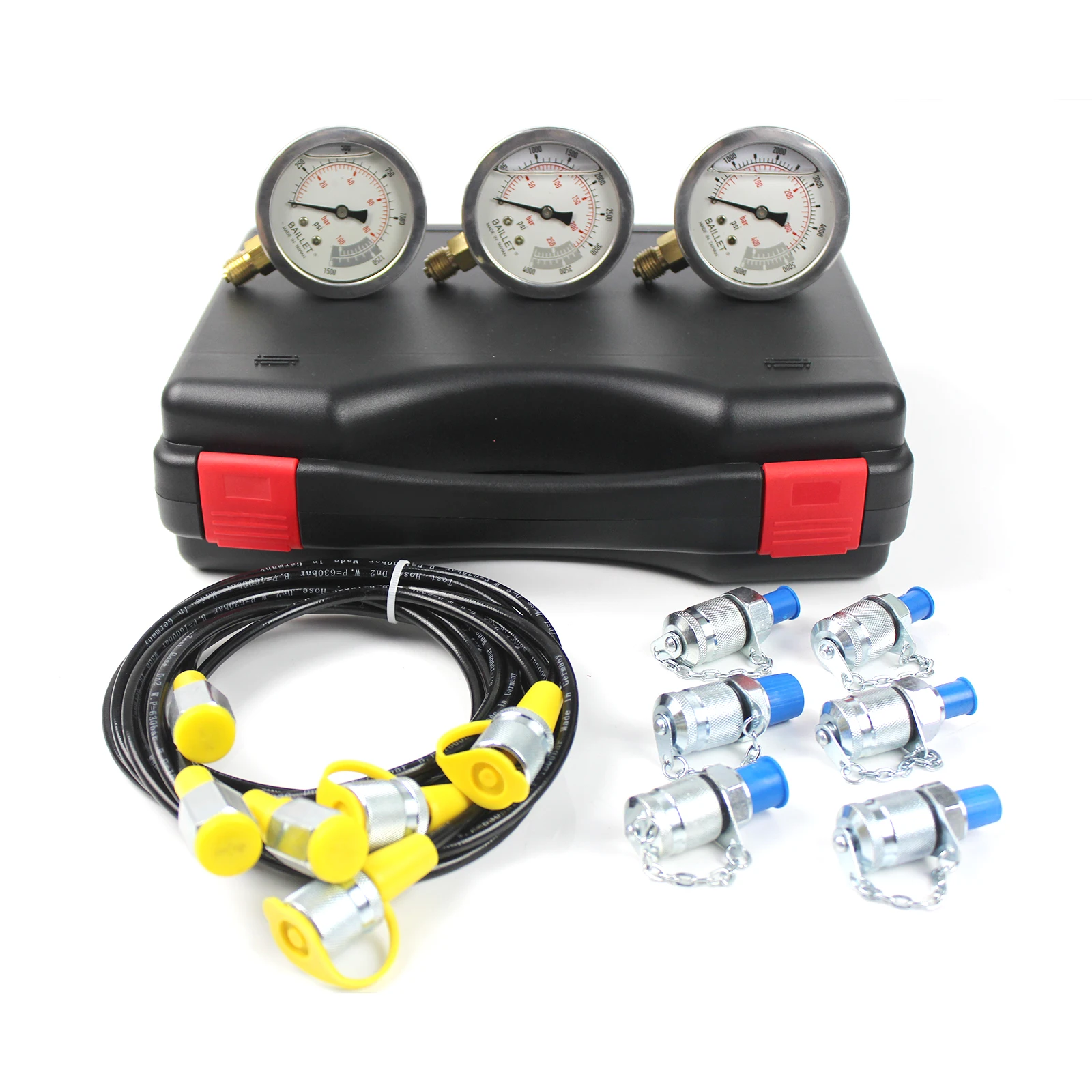 Hydraulic Gauge Test Kit box with 3 Gauges 10Mpa / 25Mpa / 40Mpa, M28 G5 adapter 7 Couplings,1 Gas Hose Kit Nitrogen Accumulator