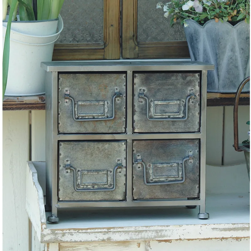 American Retro Metal Storage Cabinet 4-Drawer Cabinet Courtyard Decorative Item Vintage Industrial Pot Stand, Aged Metal Accent