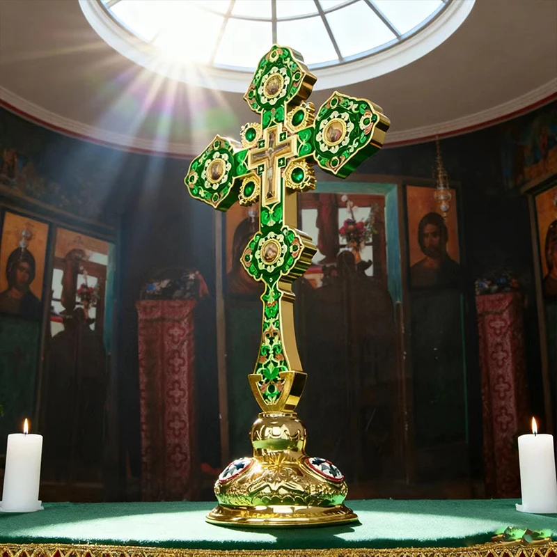 Luxuriöses Orthodoxes Christliches Geschenk: Vergoldetes Grünes Cloisonné-Standkreuz, Kirchenqualität, Altar-Kruzifix für Spirituelle Heimdekoration – Detail 13