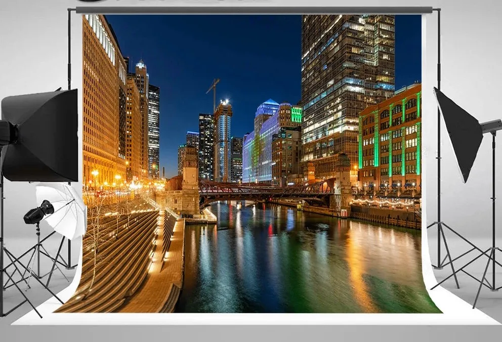 chicago city cityscape skyline river bridge night  backdrops computer print scenic Photography Studio Backgrounds