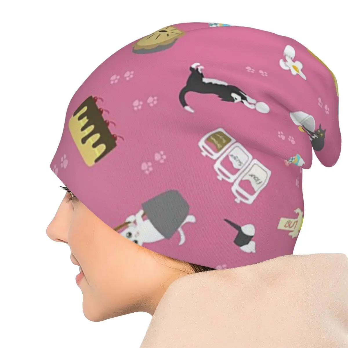 القطط الخبز الكعك والحلويات الأخرى، باللون الوردي Skullies Beanies القبعات الدافئة الخريف الشتاء قبعة محبوك قبعات بونيه للرجال والنساء