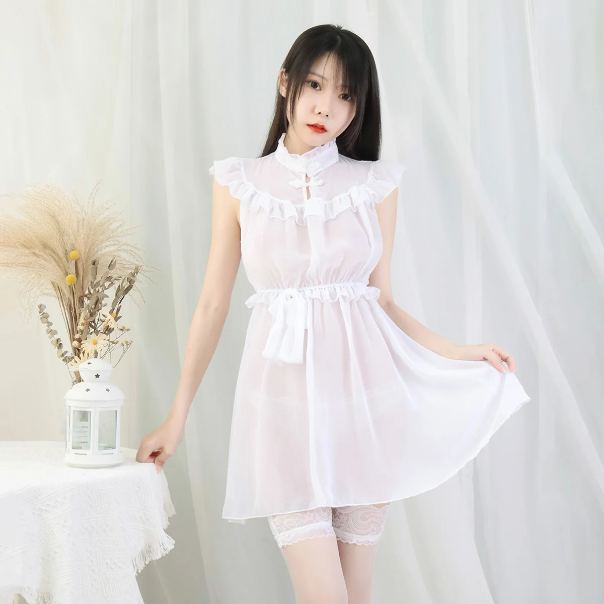 Cute White Chiffon Dress Women Maid Cosplay Costume Nightdress Underwear Sweet Retro Role Play Outfits Lingerie Princess Dress