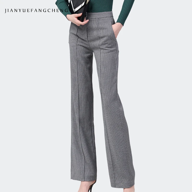 2022 Autumn Women Grey Plaid Wide Leg Pants Front Pleated High Waist Straight Long Trousers Vintage Casual Loose Working Bottoms