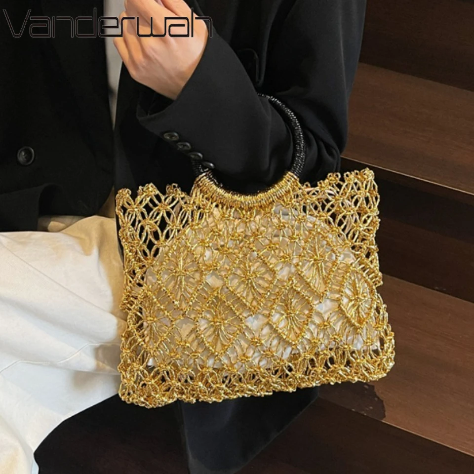 

Luxury Handmade Woven Design Round Handle Handbags for Women Eco-friendly Craft Paper Hollow-out Luxury Designer Top-handle Bags