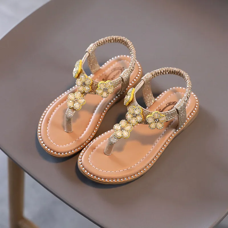 Summer New Girls Sandals Flowers Leather Princess Shoes Soft Sole Kids Shoes Sandalias Baby Child Sandals Solid Color Flip Flops