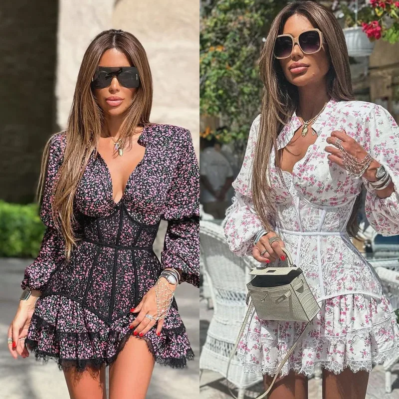 

New Fresh Floral Waist-Cinched Dress Summer Floral Lace Mini Dress Women's Fashion Puff-Sleeve Tiered Dress Gothic Corset Dress