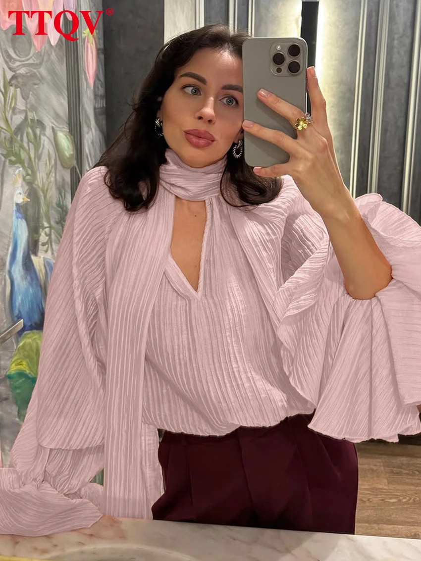 

TTQV Fashion Loose Pink Pleated Women's Shirt 2026 Sexy V-Neck Long Sleeve Shirts Elegant Classic Lace-Up Top Female Clothing