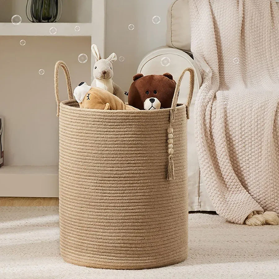 Large Storage Basket Tall Woven Decorative Laundry Hamper with Handles Foldable Cotton Rope for Clothes Kids Toys Living Room