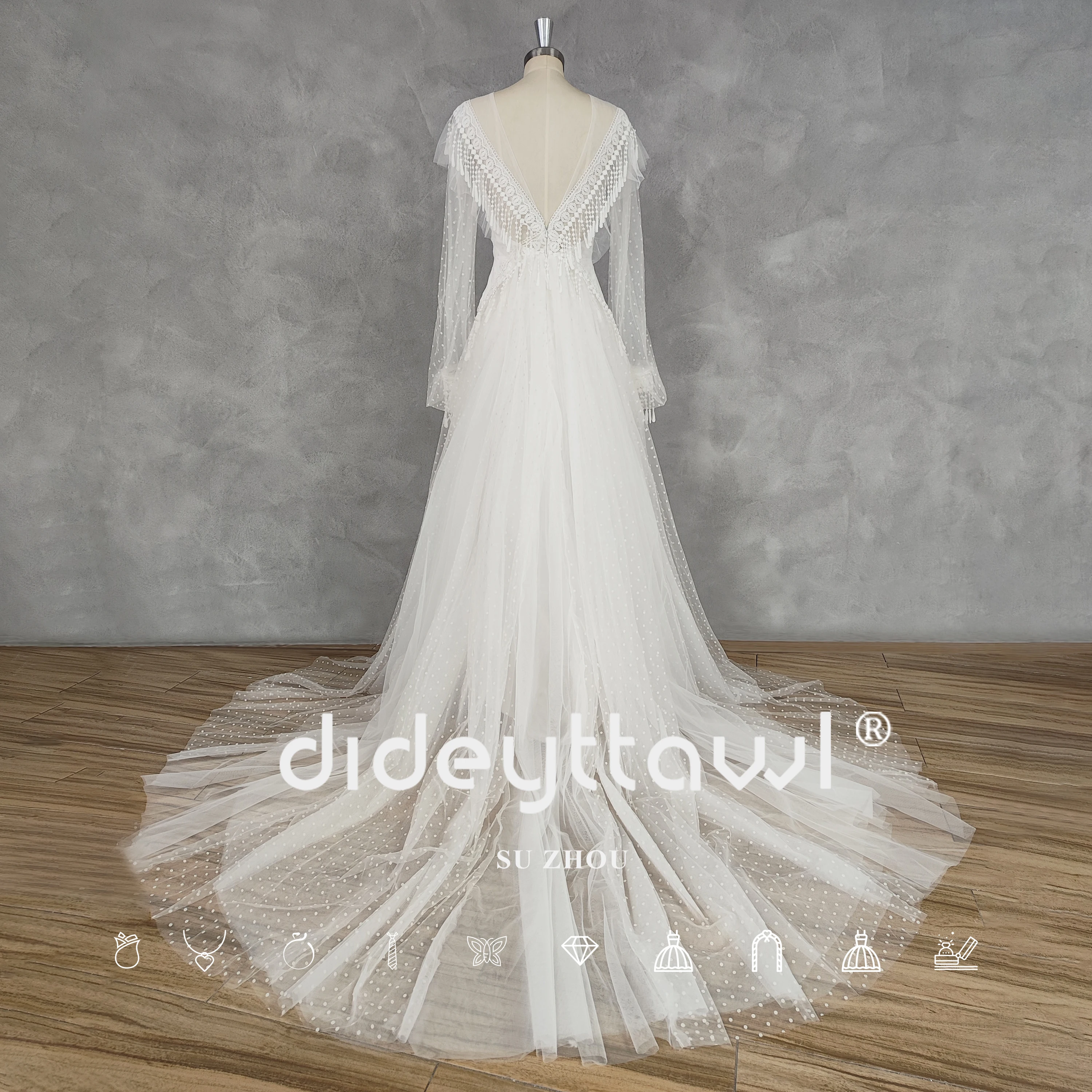 DIDEYTTAWL Real Picture Deep V-Neck A-Line Dot Tulle Long Puff Sleeves Wedding Dress Illusion Back Lace Court Train Bridal Gown