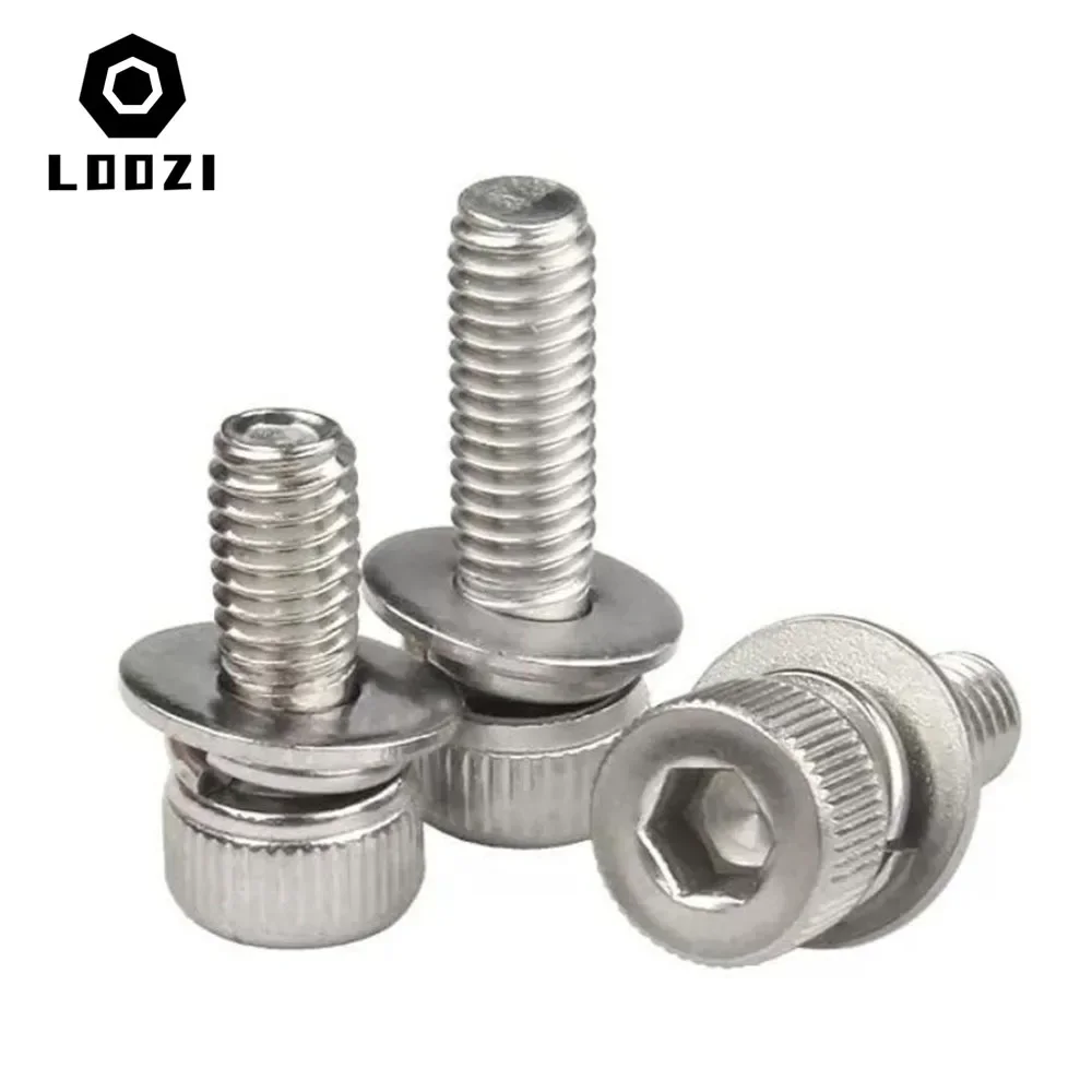 304 Stainless Steel Hex Hexagon Socket Cap Head SEM Screw Flat Washer Spring Gasket Assemble Bolt M2 M2.5 M3 M4 M5 M6 M8 M10 M12