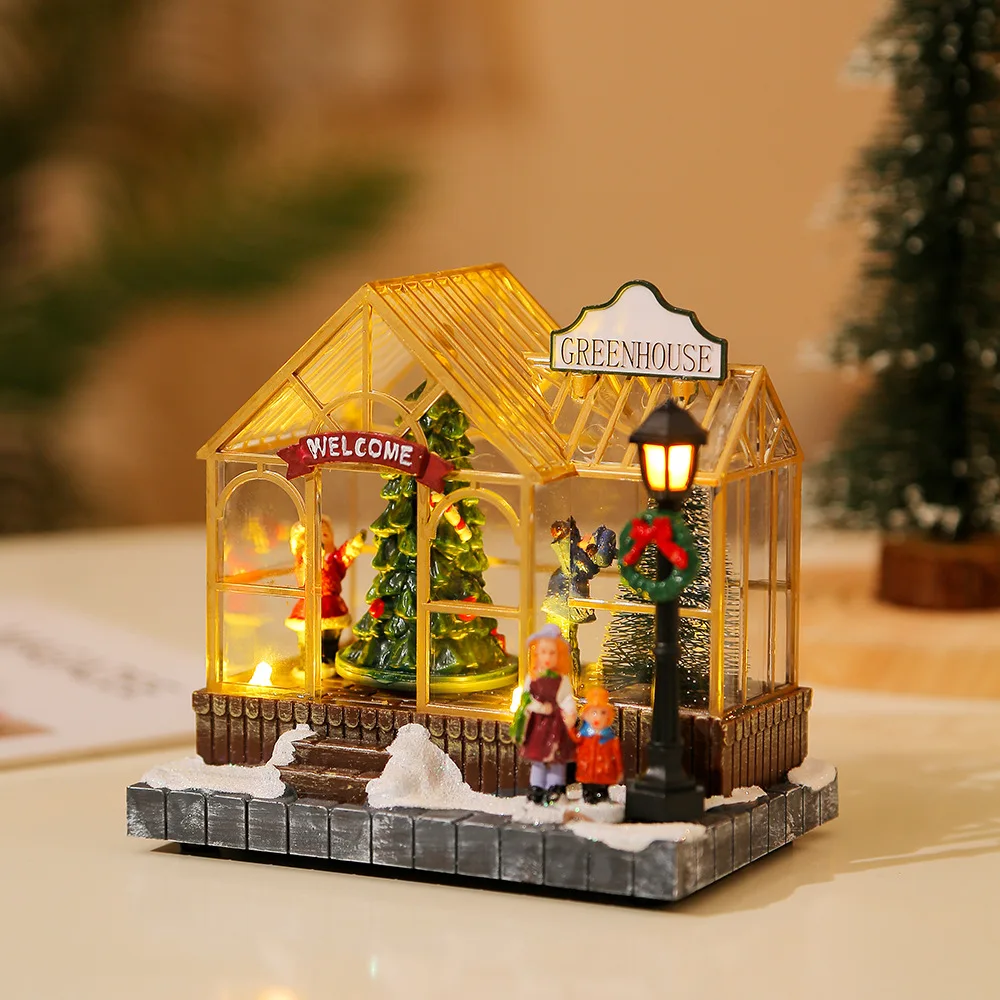 Christmas Scene Village House Figurine Colorful LED Glowing Rotating Musical House Xmas Gift Home Desktop Decoration