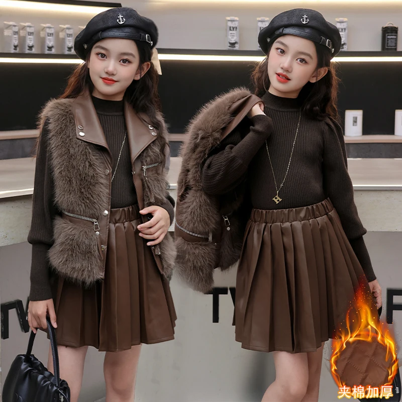 autumn winter teen girls clothes set Fur vest+Bubble sleeve sweater+PU pleated skirt 3pcs junior kids suit child outfits 4-14