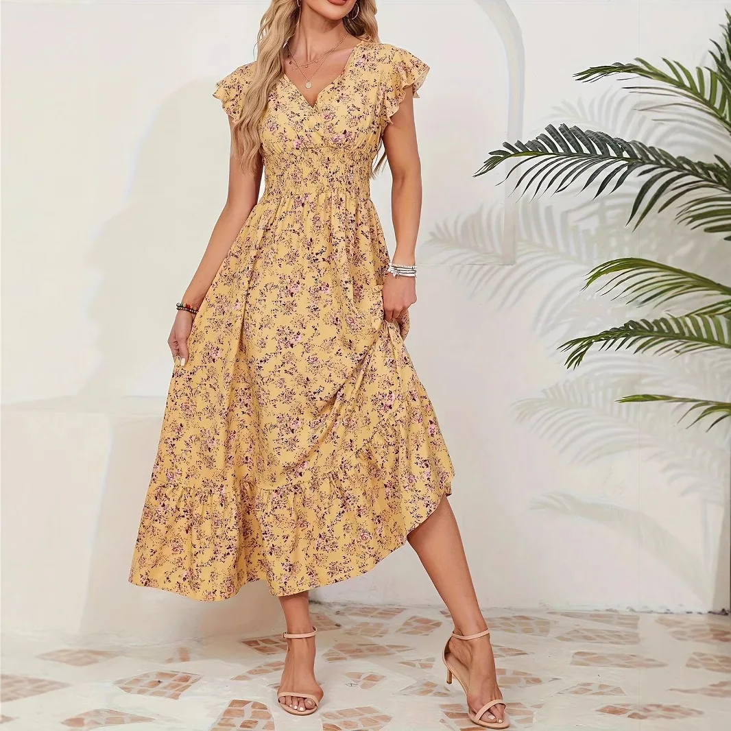 Vestido francês estampado feminino verão estilo bohe manga voadora slim serve para cintura alta vestido floral com decote em v vestido maxi longo