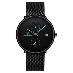 POEDAGAR Ultra Thin Watch Men Luxury Brand Luminous Fashion Waterproof Quartz Wristwatches Man Sport Calendar Clock Mesh Strap