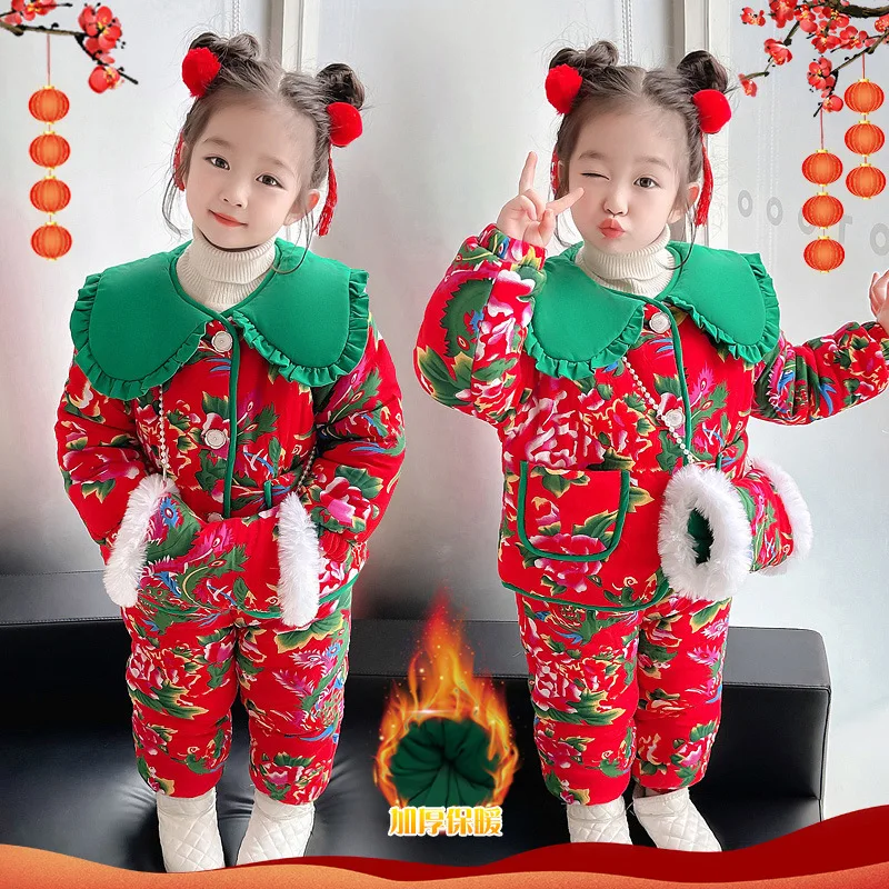 Winter Children's Sets Cotton-padded Girls Warm Thickened Chinese New Year Clothing for Kids Tang Suit