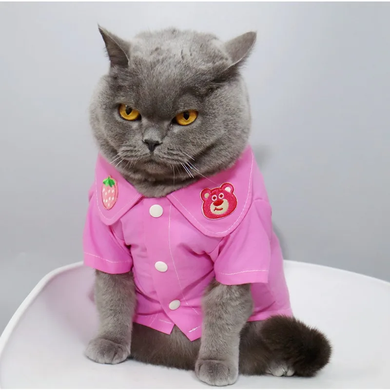 

Cute Strawberry Bear Pet Clothes Summer Comfortable Dog Cat Shirt Costunes Cartoon Pink Puppy Sleeping Dressing Houshold Wear
