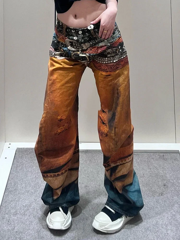 Modne wiosenne nowe modne damskie spodnie jeansowe z nadrukiem 3D w kolorze retro z wysokim stanem w kontrastowym kolorze